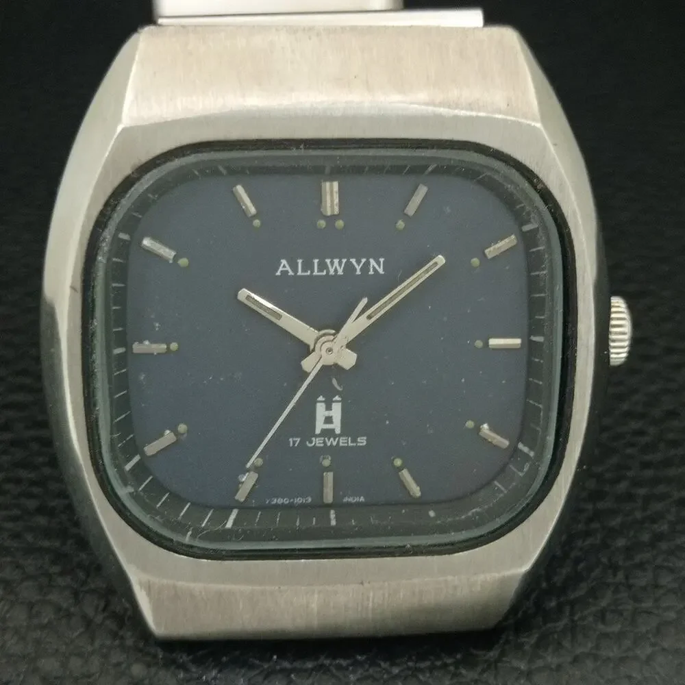 Vintage 1983 Allwyn Manual Mens Silver Watch W/Metal Strap & Blue accents